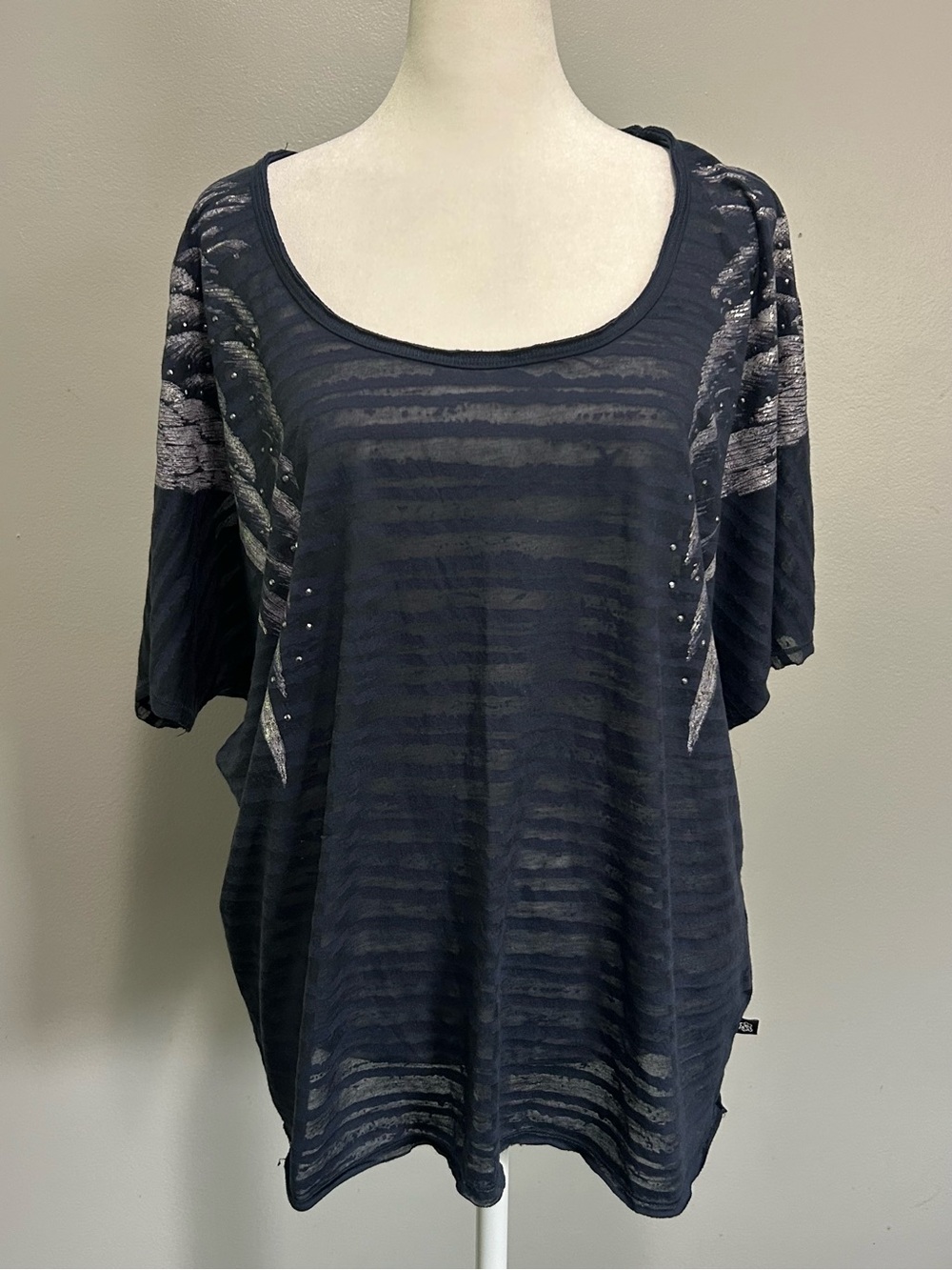 Rock & Republic Navy Sheer Tee Shirt Top with Metallic Angel Wing Detail XL